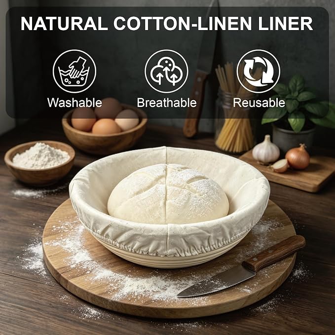 3 Pack Banneton Bread Proofing Basket, 9 Inch Round Sourdough Proofing Basket with Thick Liner, Splinter Free Food Grade Rattan Handwoven Bread Banneton for Home Baking