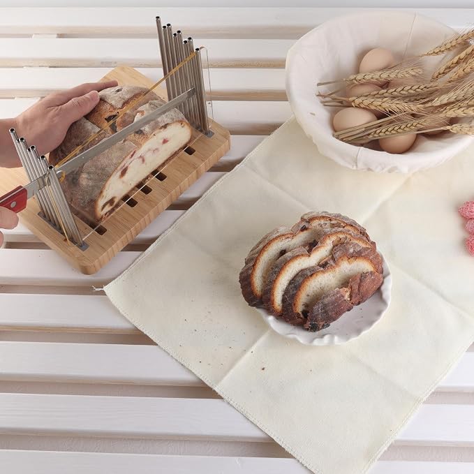 Bamboo Bread Slicer for Homemade Bread,Stainless Steel Slicing Guide for Bread, Adjustable Width, Foldable and Compact Cutting Guide, Bread Slicer for Sourdough Rounds, Bagels, Cake,Toast