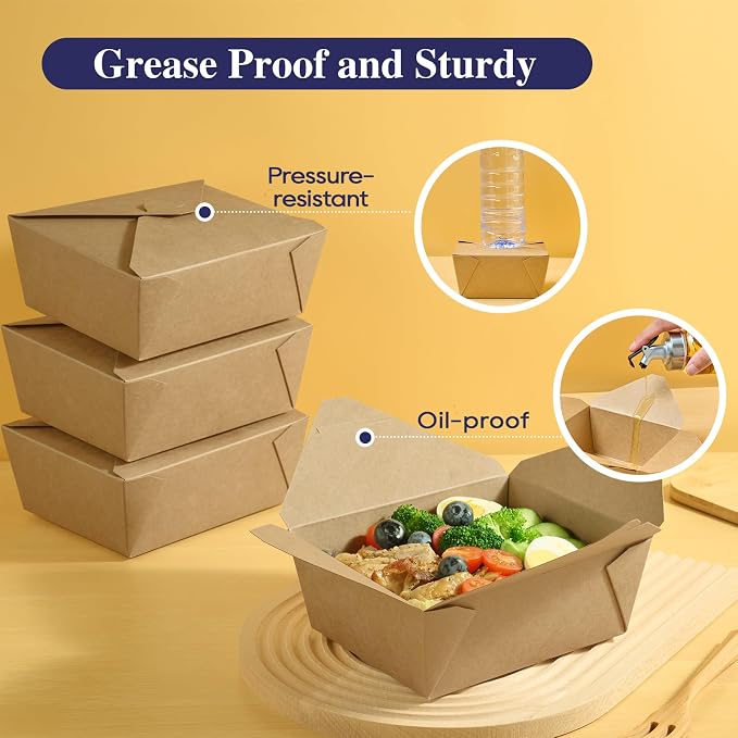 LITOPAK 50 Pack 45 oz To Go Food Containers, Kraft Brown Take Out Food Containers Leak Grease Resistant and Stackable for Restaurants, Homes, Offices, Picnics