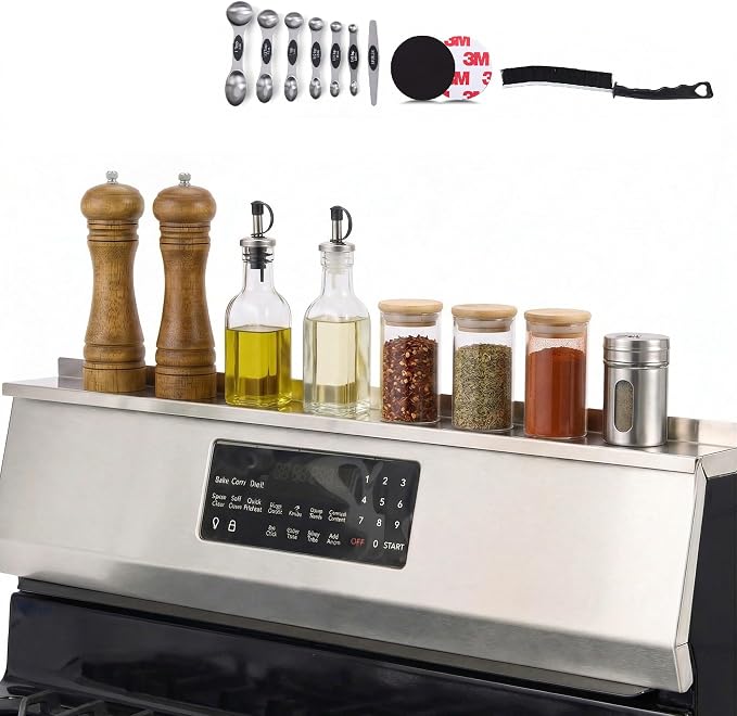 Magnetic Stove Top Shelf 30 Inch - Stainless Steel Over Stove Spice Rack Organizer - Magnetic Stove Shelf for Flat & Curved Stoves - Kitchen Storage Shelf with Measuring Spoons & Brush