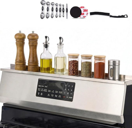 Magnetic Stove Top Shelf 30 Inch - Stainless Steel Over Stove Spice Rack Organizer - Magnetic Stove Shelf for Flat & Curved Stoves - Kitchen Storage Shelf with Measuring Spoons & Brush