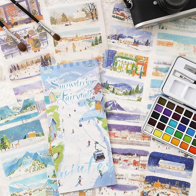 20 Sheets Pre-Cut Winter Scenery Scrapbook Sticker Book for Scrapbooking Supplies, Dual Washi and PET Materials Decorative Stickers for Journaling, Collage, Bujo, Crafts, 4.5 x 9.8 inches