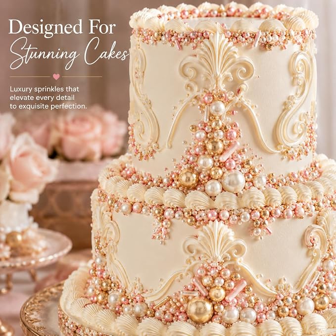 Confect Pink, White & Gold Pearl Cake Sprinkles Mix – Decorative Edible Baking Confetti for Cakes, Cupcakes & Desserts | Vegan, Gluten-Free, Nut-Free, Soy-Free, Dairy-Free, Palm Oil-Free- 4.2 Oz