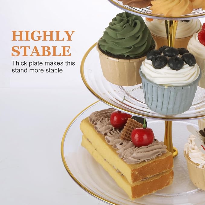 SENENQU 4 Pack 3 Tier Cupcake Stand, Tiered Serving Cake Stand, Transparent Plastic Dessert Stand, Weddings Parties Pastry Serving Tray (Clear Plate with Gold Rim)
