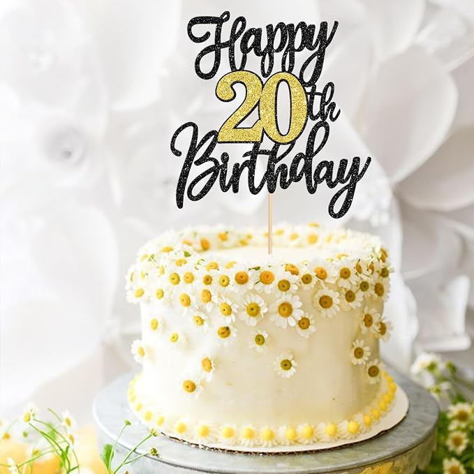 1 PCS Happy 20th Birthday Cake Topper Black Gold Glitter Cheers to 20 Years Birthday Cake Pick 20 Fabulous Cake Decoration for Happy 20th Birthday Anniversary Party Decorations Supplies
