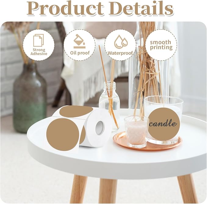 Thermal Label,3 Inch Brown Round Thermal Printer Sticker,Self-Adhesive Round Direct Thermal Labels,Thermal Stickers for DIY Logo Design,Name Tag (300 Labels/1 Roll)