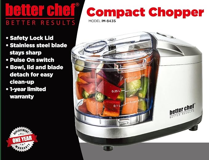 Better Chef 1.5-Cup Mini Food Processor | Stainless-Steel Blade | Pulse Switch (Silver)