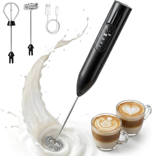 Milk Frother, 3-Speed Rechargeable Handheld Electric Foam Maker with USB-C, 2 Whisks for Coffee Latte Cappuccino, 304 Stainless Steel Drink Mixer for Hot Chocolate Matcha Protein Shakes (Black)