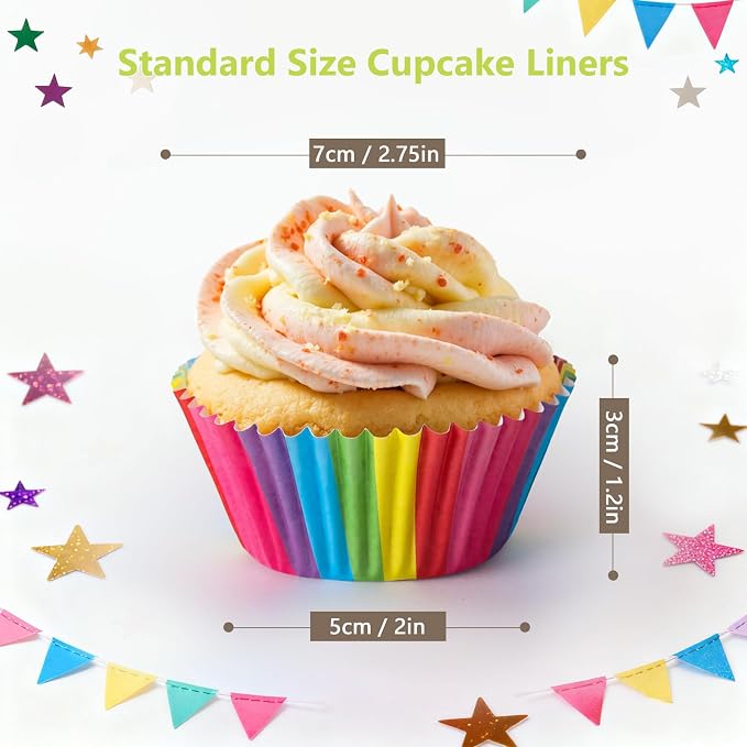 Standard Cupcake Liners 100 Pack, Colorful Paper Baking Cups Food Grade Disposable Cupcake Wrappers Muffin Liners for Birthday Tea Themed Party Baking Decor (Rainbow)