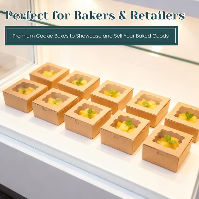 NPLUX 50pcs Cookie Boxes with Window Bakery Boxes Small Treat Boxes Mini Pie Boxes Pastry Boxes 4x4x2.5in, Graduation Gifts Party Favors(Brown)