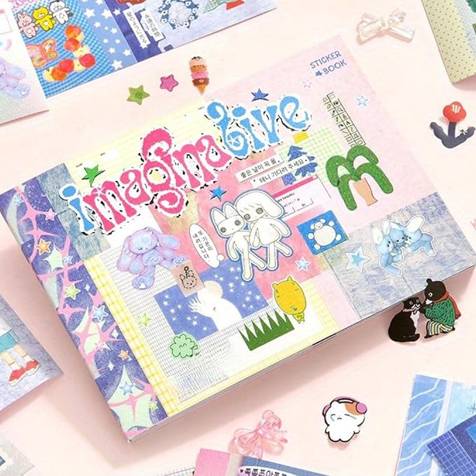 30 Sheets Fantasy Cartoon Sticker Book Cute Kawaii Scrapbook Stickers, Adhesive Notes & Memo Pads for Planner, Journal, Photo Album, Water Bottle DIY Crafts Pink-Purple