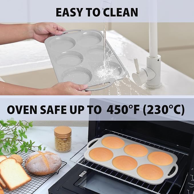 4 Inch Jumbo Silicone Muffin Top Pan with Metal Frame, Non Stick Silicon Egg Mold for Oven, Large Whoopie Pie Baking Pan with Handle for English Breakfast Sandwich, Egg Bite, Bun Tart,Light Grey