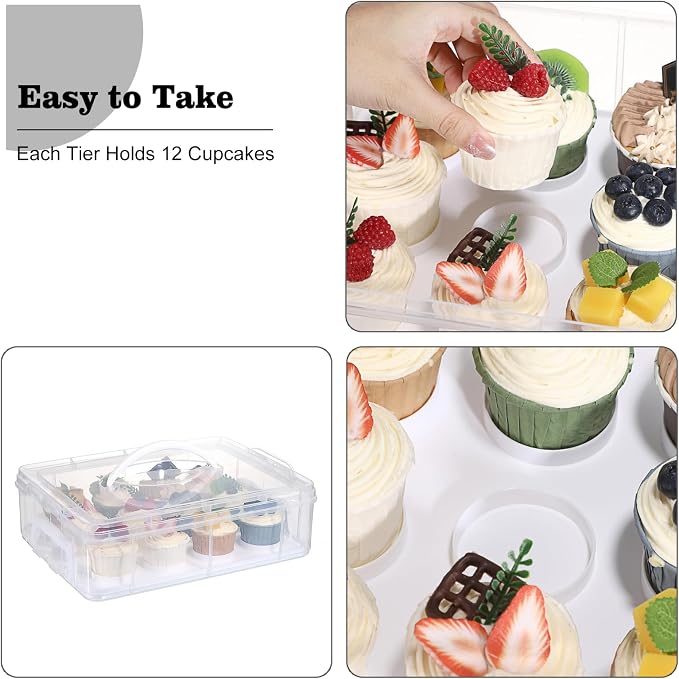 BSTKEY 2 Tier Cupcake Carrier, Each Tier Holds 12 Cupcakes, 2 in 1 Stackable Cupcake Container and Cake Keeper with Lid, Clear Plastic Box Holding 24 Pastries for Birthday Party Bakery Supplies