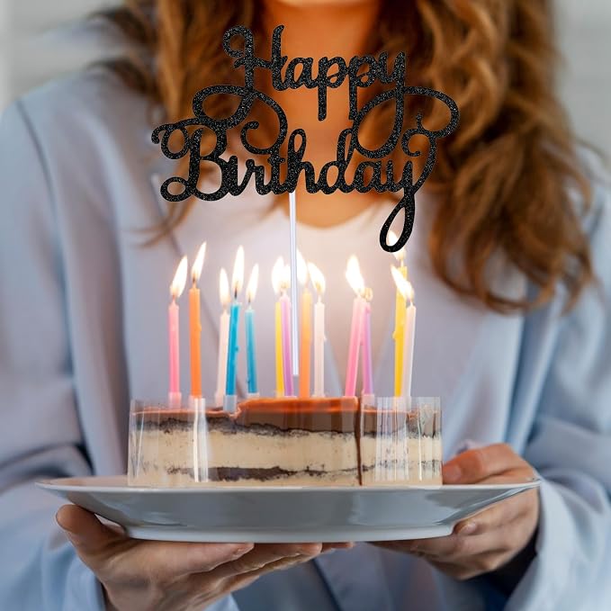 Piriuuo Happy Birthday Cake Topper Glitter 'Happy Birthday' Cake Pick Black