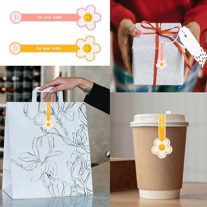 Beyonday 300pcs Handmade Lollipop Baking Stickers for Cake Box/Tins/Jars/Coffee Cups/Bottles, Long Label Flower Sealing Bakery Stickers for Gift Wrapping Self-Adhesive Tamper Evident Seal Labels
