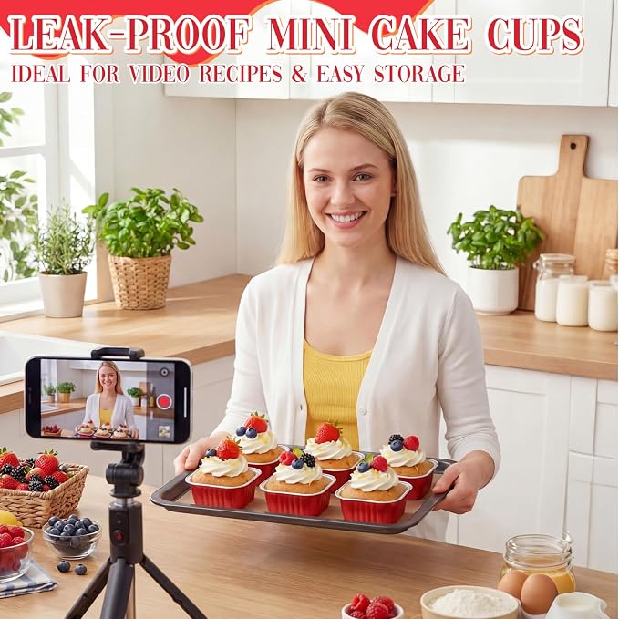 200 Pack 5 oz Mini Cake Pans with Lid, Aluminum Foil Mini Baking Tins, Square Disposable Cupcake Baking Cup Dessert Container for Wedding Birthday Party Picnic(Red,Classic)