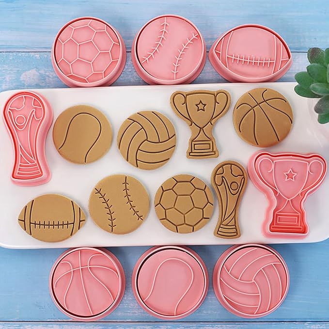 8 Pcs Sports Ball Cookie Cookie Stamps with Plunger Cutters Set 3D Cartoon Cute Soccer Basketball Biscuit Cutter Cookie Stamps for Party Baking Decorating Fondant Muffins Cheese Candy