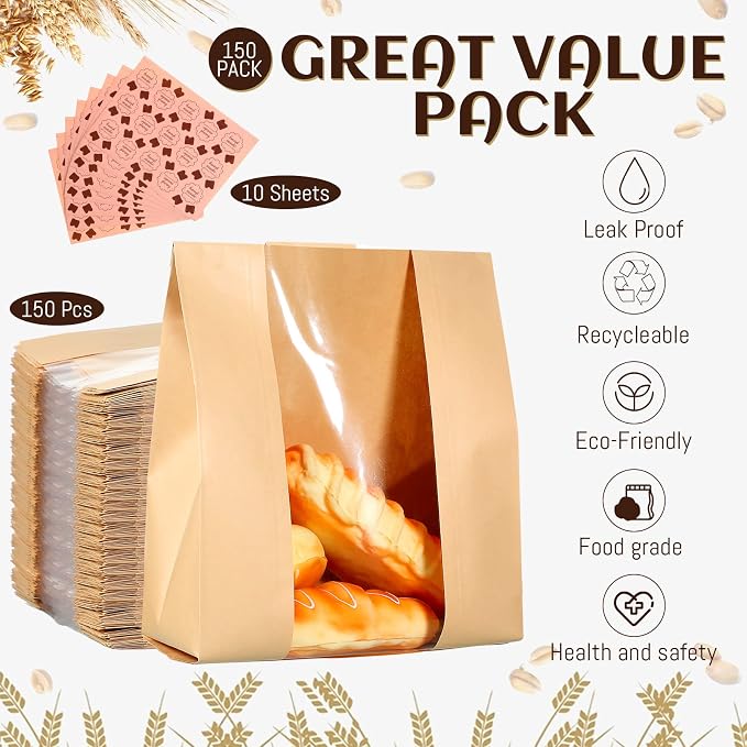 Meanplan 150 Pcs Bakery Bags with Window Large Paper Bread Bags Bulk for Homemade Bread Kraft Packaging with 10 Sheets Stickers for Sourdough Loaf Cookie Food 12 x 8.3 x 3.5 Inch