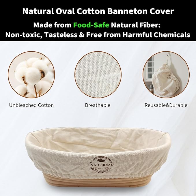 Natural Cotton Bread Basket Liner Cloth: 10 Inch Reusable Oval Proofing Liner for Banneton, Handmade Washable Fabric with Sourdough Baking Kit, Gift for home Baker Set of 6