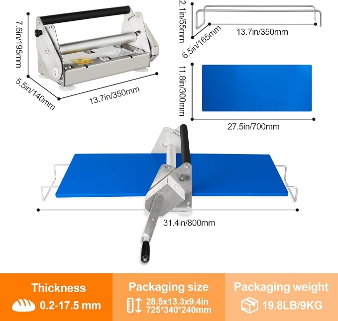Dough Sheeter Machine (12") with 2 Sheeter Boards, Manual Dough Roller Machine, 0.2-17.5mm Adjustable Thickness, Stainless Steel for Pizza, Puff Pastry Dough, Croissant - Home & Commercial Baking