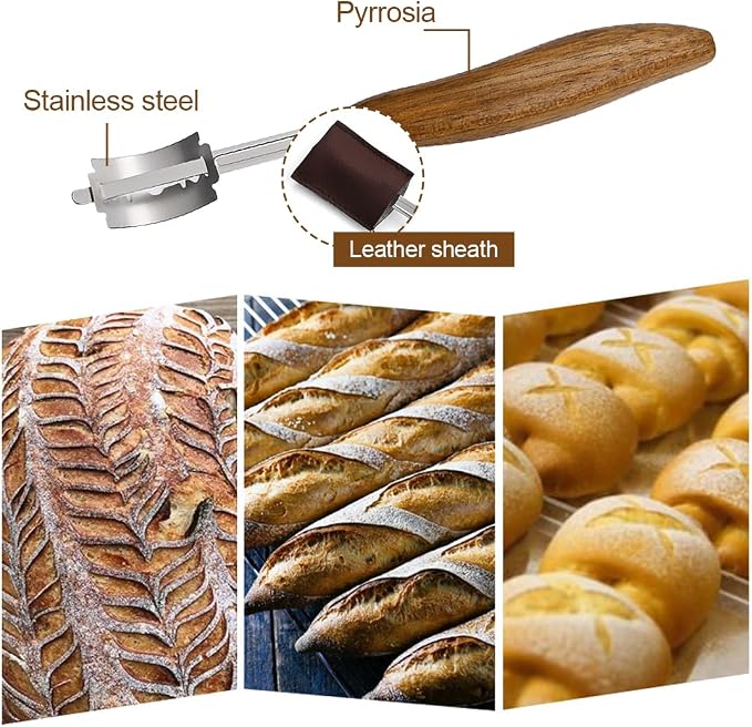 Bread Lame for Dough Scoring Knife Stainless Steel Sourdough Scoring Tool with 5 Blades and a Dark Brown Leather Cover