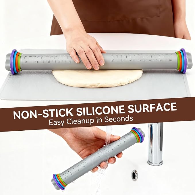 Adjustable Rolling Pin with Thickness Rings, Silicone Dough Roller | 4 thickness rings, Non-stick silicone surface, Stainless steel core, 12.8" rolling pin, For pizza pastry cookie baking