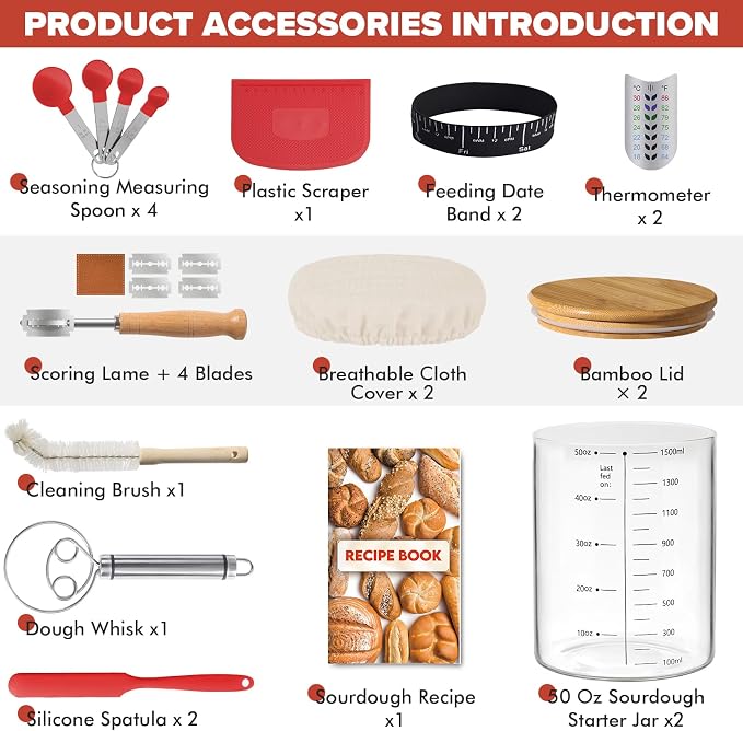 RYTOXILO Sourdough Starter Jar Kit, 50 Oz Glass Large Sour Dough Jars Wide Mouth for Beginners, 10 Pcs Bread Starter Container Set with Bamboo Lid, Sourdough Jar with Bread Baking Supplies Accessories