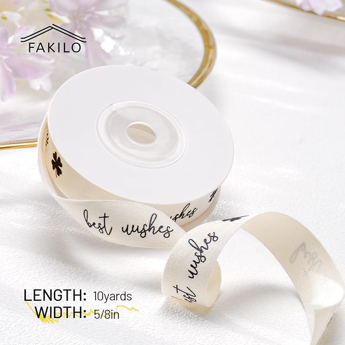 Best Wishes Printed Ribbon 5/8 Inch x 10 Yards Cotton Ribbon for Gift Packaging, Party Decorations, Anniversary Decoration, Handmade Cards