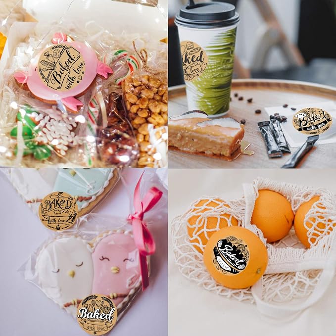 600 Baked with Love Stickers 1.5" Round Natural Kraft 6 Unique Design Perfect for Baked Goods Packing and Wrapping, Add Unique Touch to Your Business and Homemade Cookies
