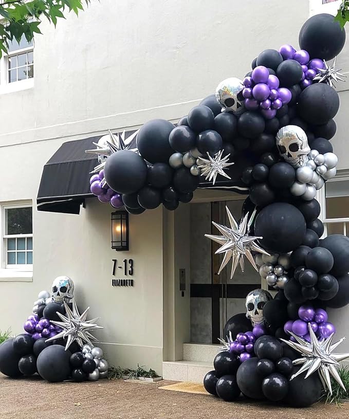 Purple and Black Balloon Arch Kit, 132Pcs Explosion Star Metallic Silver Purple Black Confetti Balloon Garland kit Different Size Balloons for Halloween Graduation Birthday Party Decorations