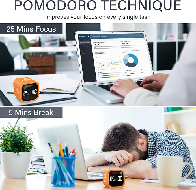 Rotating Pomodoro Timer 5, 25, 10 50 Minutes Preset, Desk Productivity Flip Timer, ADHD Tool Cube Countdown Stopwatch, Vibration/High/Low Volume/Custom Modes, for Work, Study, Back to School, Orange