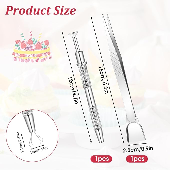 2pcs Sprinkles Tools for Cake Decorating, 4 Claw Sprinkle Pen Pearl Grabber Cake Decorating Tools Set Stainless Steel Cookie Decorating Tweezers with Shovel Head Cake Cupcake Cookie Decoration