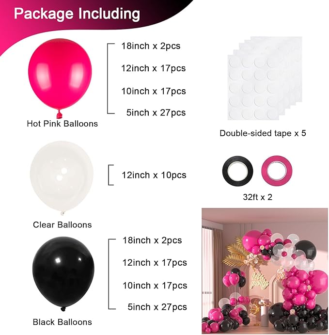 136pcs Hot Pink Black Balloon Arch Kit with Clear Balloons - 18/12/10/5 Inch Gothic Garland for Women's Birthday, Valentine's Day, Class of 2025 Party Decor