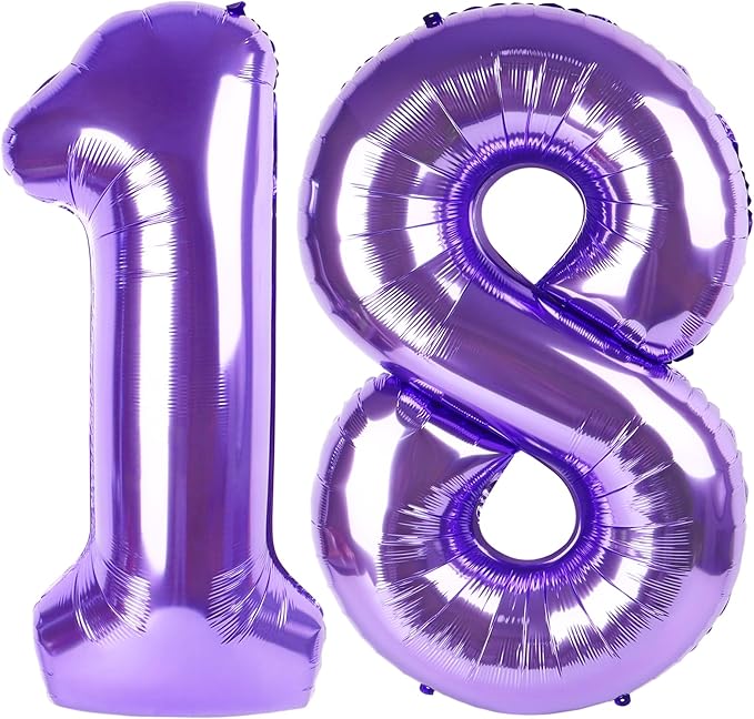 Purple Number 18 Balloon 40 Inch, 18th Birthday Party Decorations for Children, Giant 18 Foil Balloon for Party Supplies
