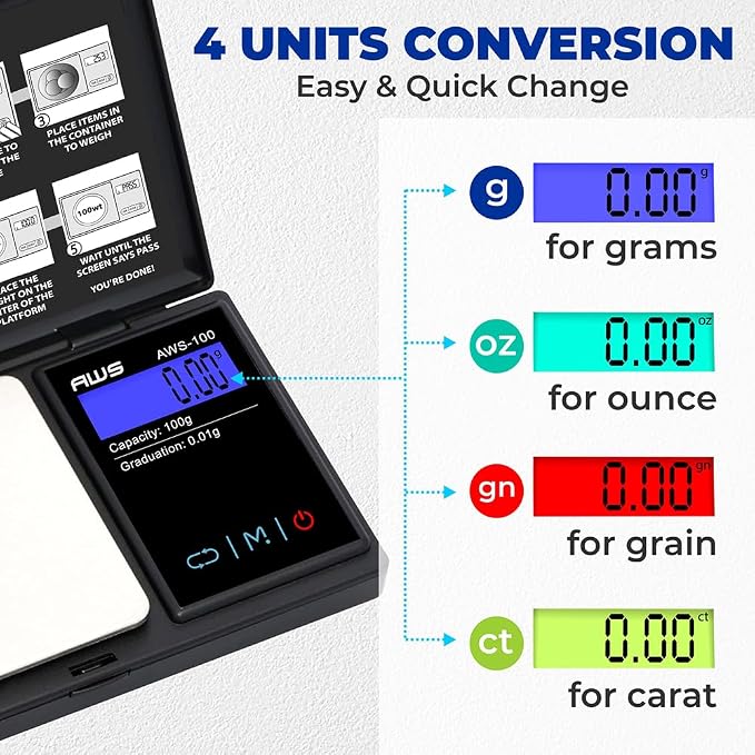 Series Digital Pocket Weight Scale, Stainless-Steel Backlit LCD 100g x 0.01g, (Black), AWS-100-Black - AMERICAN WEIGH SCALES
