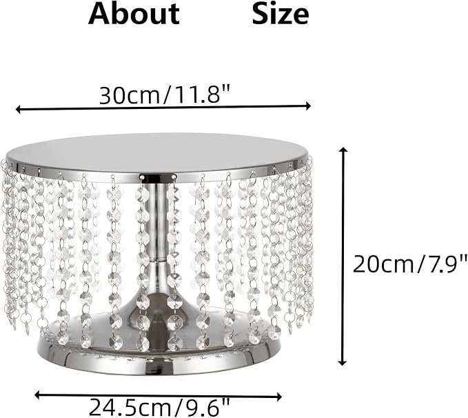 Cake Stand for Dessert Table 12 Inch Silver Crystal Pendants Metal Cake Stand Serves as A Round Dessert Cupcake Display Plate for Table, Wedding, Party, Event