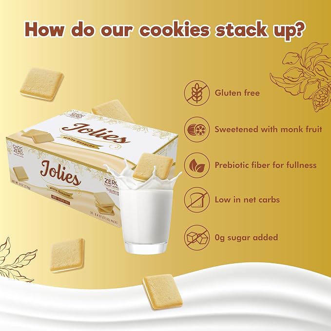ChocZero White Chocolate Jolies Cookies, Sugar Free Chocolate Filled Cookies, Gluten Free, Keto, Low Carb, High Fiber, 8 oz Box