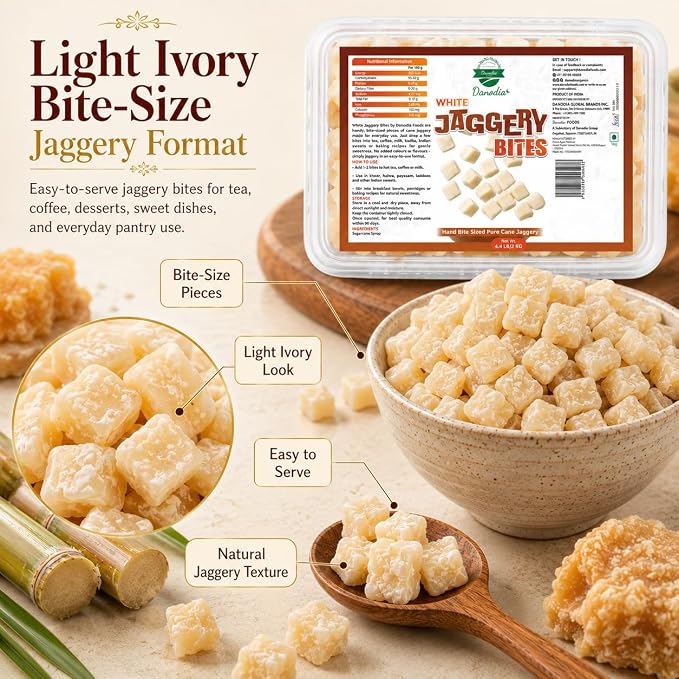 Danodia Foods Organic White Jaggery Bites, Cane Gur Sweetener, 1 lb Pack | Jaggery gur sweetener for chai, coffee, baking, desserts and recipes; Gluten-Free, No Additives, Vegan; everyday recipes