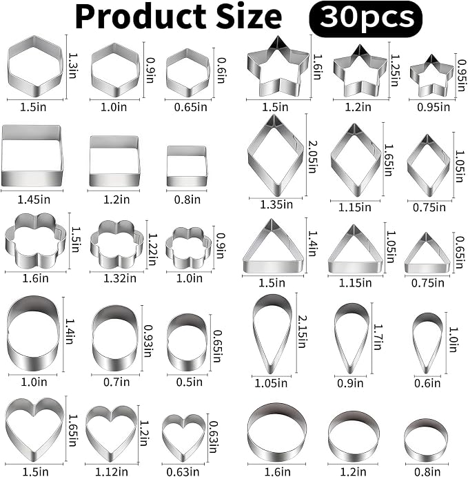 Mini Cookie Cutters - 30Pcs Stainless Steel Tiny Shapes,Heart Star Flower Round Square Cutter Kit for Decorating Cookies Fruits Fondant Cakes Kids Baking