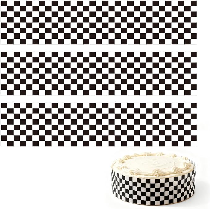 3pcs Edible Cake Borders, 28x6.2cm/11x2.44 Inch Black and White Checkered Birthday Cake Wrap Border Strips Pre-Cut Rice Image Paper Cakes Toppers Decorations for Racing Car Theme Birthday Party