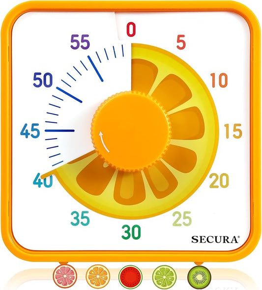 Secura 7.5-Inch Fruit Visual Timer for Kids, 60-Minute Countdown Timer for Classroom or Kitchen, Durable Mechanical Timer Clock with Magnetic Backing (Orange)