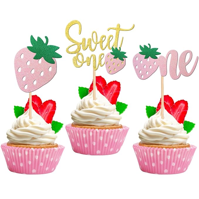24 PCS Strawberry 1st Birthday Cupcake Toppers Glitter Sweet One Strawberry Cupcake Picks for Fruit Theme Baby Shower Kids 1st Anniversary Party Cake Decorations Supplies Pink