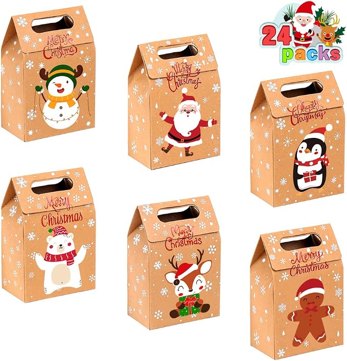 JOICEE Christmas Kraft Paper Gift Boxes 24pcs Xmas Goodies Treat Candy Bags Boxes for Christmas Party Favor