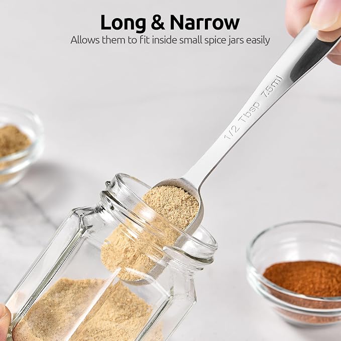 U-Taste Narrow Square Measuring Spoons: 18/8 Stainless Steel Kitchen Measure Teaspoon Tablespoon with Leveler, Polygon Rectangular Metal Jar Scoop for Baking Cooking, Coffee, Spice, Powder (Set of 8)
