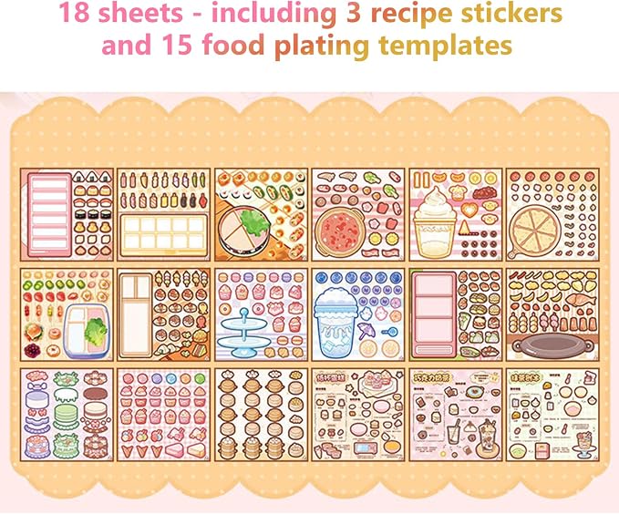 Girl's Japanese Kawaii Food Platter Scene Sticker Book, 18 Sheets DIY Lunchbox Stickers, 3 Recipes + 15 Plating Stickers Book for DIY Scrapbooking Journaling Handbook Decoration