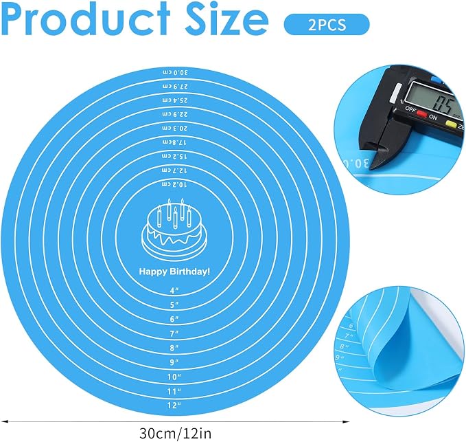 2 Pcs Silicone Cake Mat, 12 Inch Round Silicone Baking Mat with Measurements Pink Blue Turntable Pastry Mats Non-Stick Heat Resistant Reusable Cookie Pad for Rolling Dough Pizza Pan