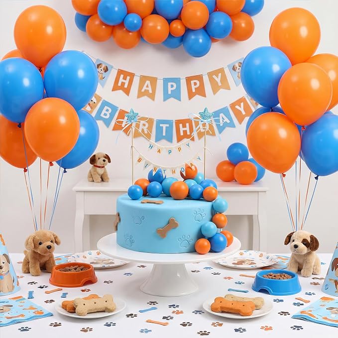 31 Pcs Happy Birthday Cake Topper Cake Bunting Topper Banner with Wood Pole Rainbow Garland with Bow Ribbon Balloon, Mini Cupcake Decor for Birthday Baby Shower (Blue Orange Paw Print)