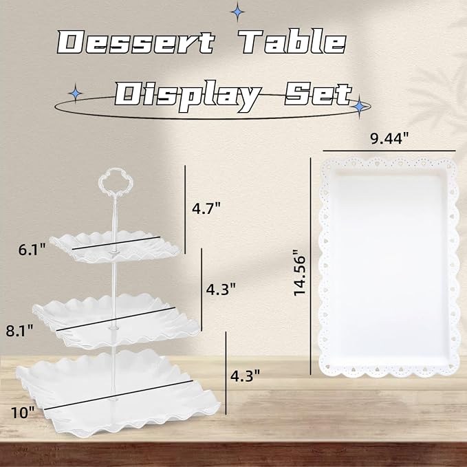 5 Pcs Cupcake Stand Set - Plastic Dessert Table Display Set, 2 White Square 3 Tier Cupcake Display Stands Cookie Tray Rack Serving Tower & 3X 14 in Plastic Trays for Wedding Baby Shower Tea Party