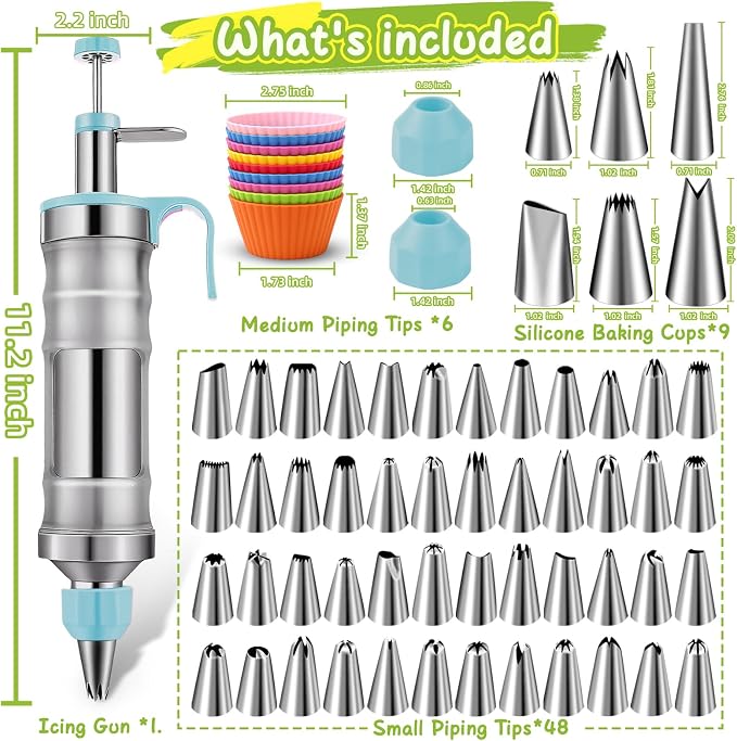 NOVANO Dessert Decorating Syringe Set, Blue | Frosting Piping Kit, Stainless Steel, 54 Piping Tips, 9 Silicone Cupcakes