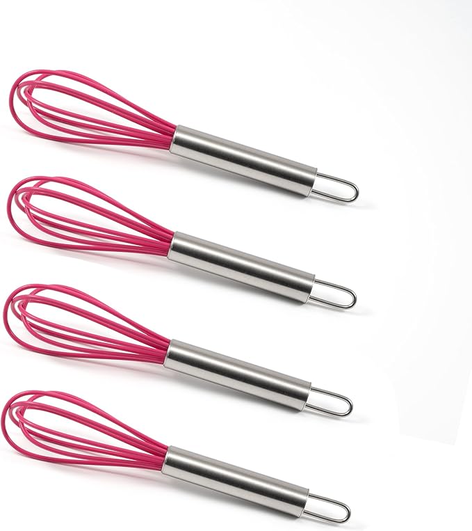 Mini Whisks 6 inch 4Pcs silica gel stainless steel Whisk, Hand Egg Mixer for Flour Cake Egg, Kitchen Cooking Baking Use Whisk (red)
